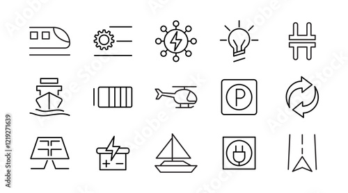 Electric Vehicle line icon set. EV, electric socket station, car plugged, battery, technology, home car charging, power station, taxi, road, race, automobile line icon set. Ui thin line icon pack.