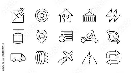 Electric Vehicle line icon set. EV, electric socket station, car plugged, battery, technology, home car charging, power station, taxi, road, race, automobile line icon set. Ui thin line icon pack.