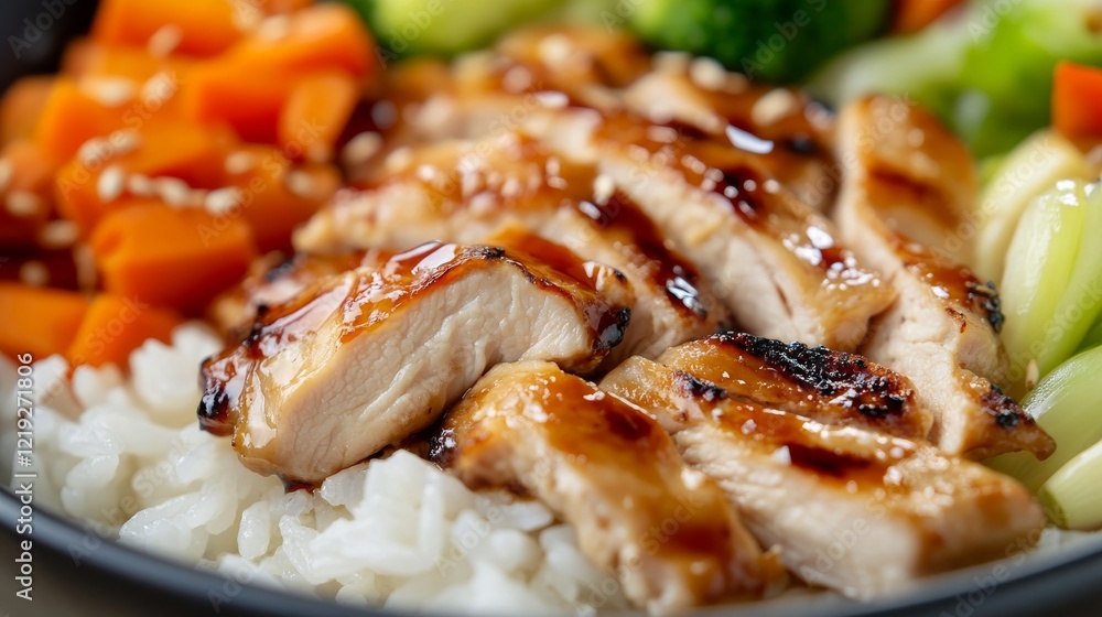 Close-up of rice with sweet teriyaki chicken. Featuring grilled chicken in teriyaki sauce, served over rice with vegetables. Emphasizing a tangy, sweet dish. Ideal for teriyaki recipes. Close-up of rice with sweet teriyaki chicken. Featuring grilled chicken in teriyaki sauce, served over rice with vegetables. Emphasizing a tangy, sweet dish. Ideal for teriyaki recipes.