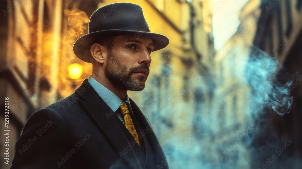Elegant businessman wearing suit and hat smoking in city street Elegant businessman wearing suit and hat smoking in city street