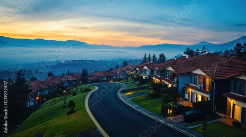 Wallpaper Mural Serene hillside homes at sunset with misty mountains in the background. PM2.5 concept Torontodigital.ca