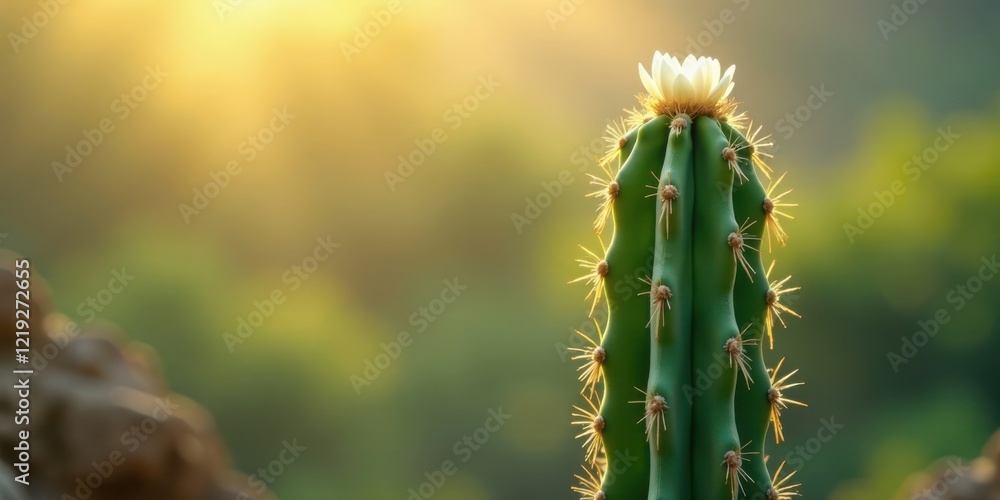 Obraz premium A sunlit cactus blossom, a vibrant green succulent with delicate spines and a pristine white flower, basking in the warm golden light of dawn or dusk.