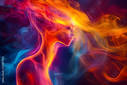 Transparent woman formed entirely from colorful smoke and fire