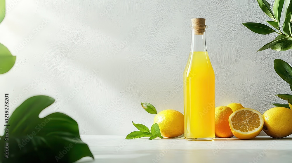 A bottle of natural cold-pressed juice, placed next to fresh fruits A bottle of natural cold-pressed juice, placed next to fresh fruits