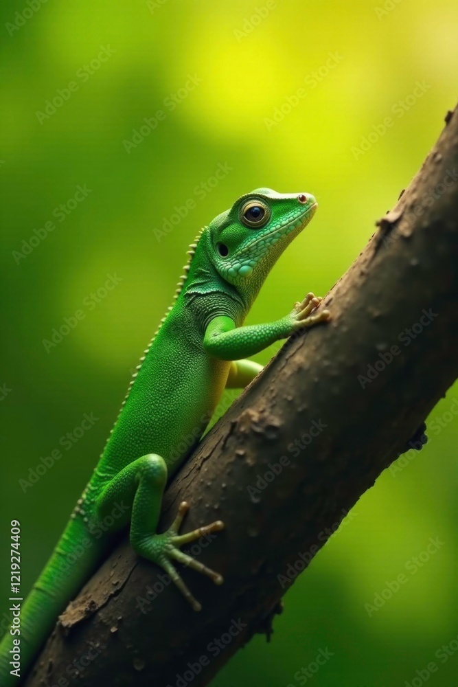 An emerald lizard is seen basking in the warm sunlight on a tree branch, tree, lizard An emerald lizard is seen basking in the warm sunlight on a tree branch, tree, lizard