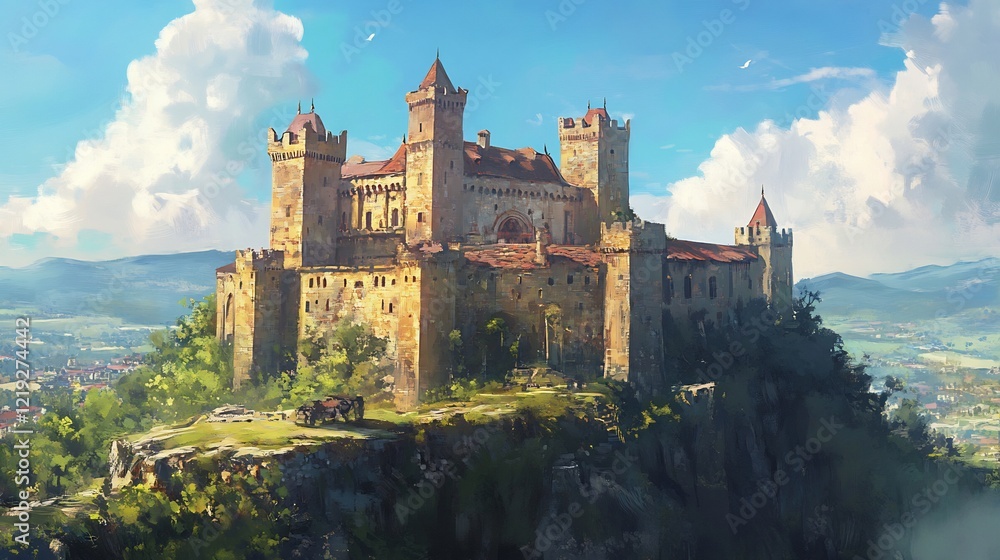 Majestic Medieval Castle on a Hilltop, overlooking a sprawling valley landscape under a partly cloudy sky Majestic Medieval Castle on a Hilltop, overlooking a sprawling valley landscape under a partly cloudy sky