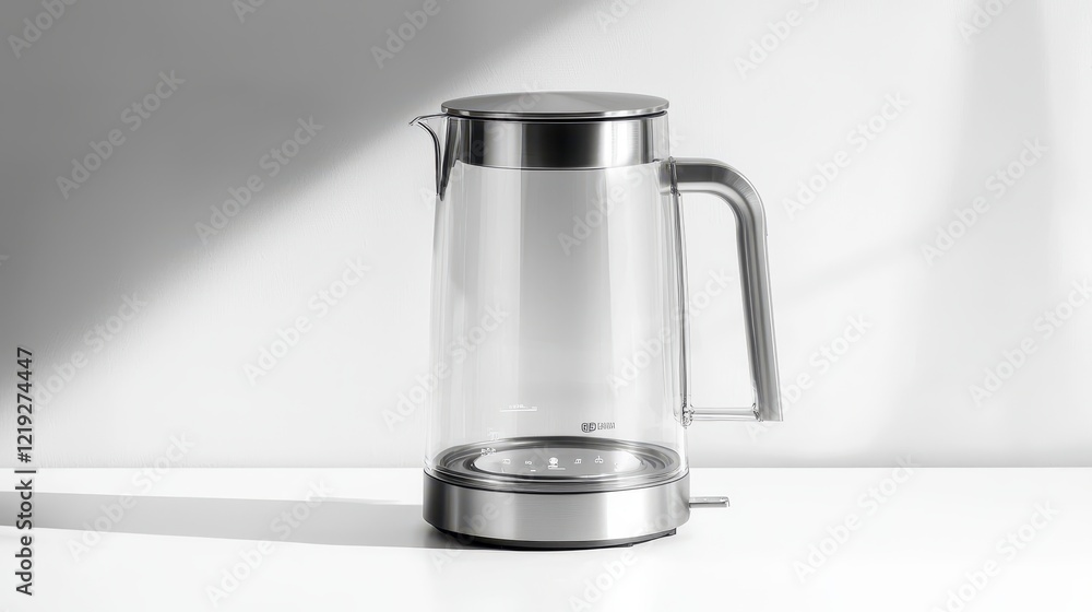 A sleek modern electric kettle, with a glass body and stainless steel lid, placed on a white countertop, on a white isolated background