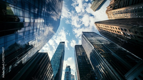 Low angle view of skyscrapers reaching towards a partly cloudy sky.
