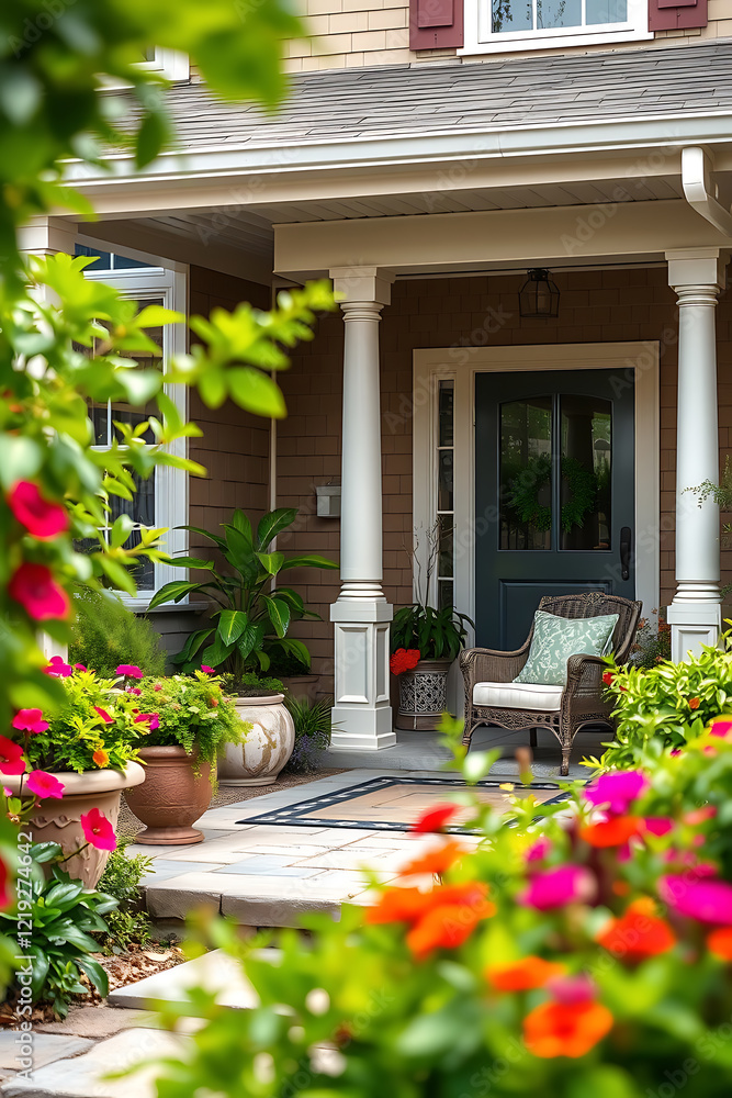 Fototapeta premium Charming Home Exterior with a Welcoming Porch and Lush Landscaping. The perfect blend of architectural design and natural beauty creates a serene and inviting atmosphere.