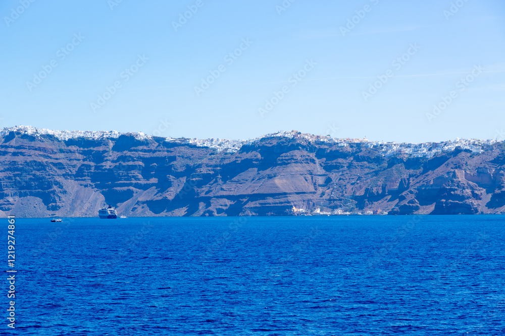 Santorini Island seen from the ferry with its white houses,Greece