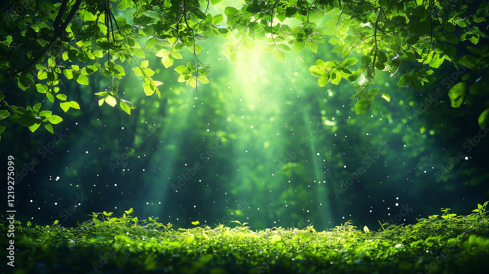 Obraz premium Sunbeams Through a Forest Canopy: A breathtaking scene of dappled sunlight piercing through a vibrant canopy of green leaves, casting ethereal rays onto a lush mossy forest floor.