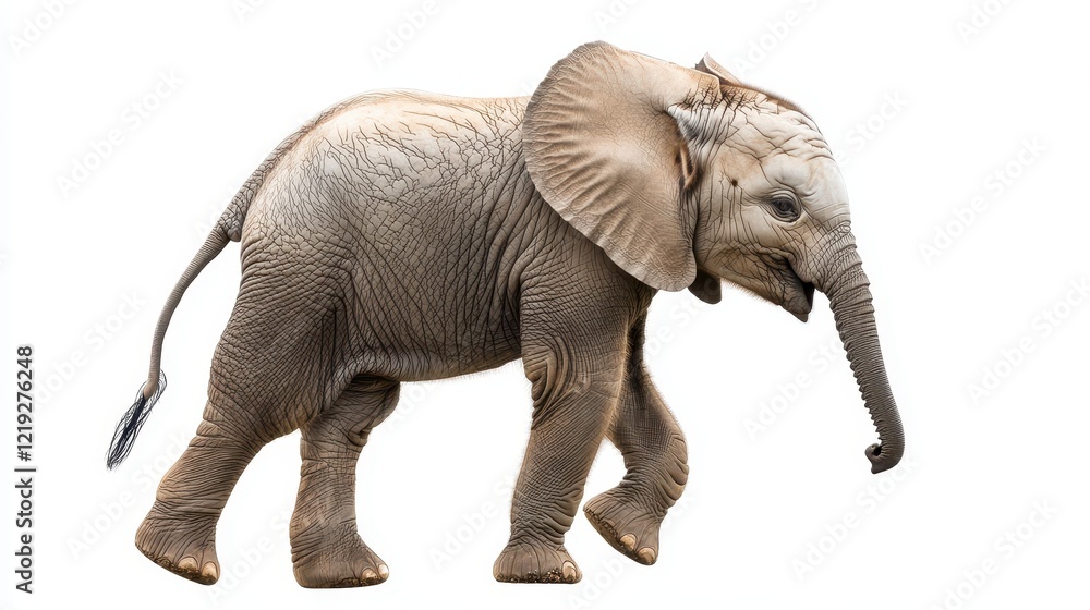 Fototapeta premium A baby elephant walking through the savannah, with a clear blue sky in the background, on a white isolated background