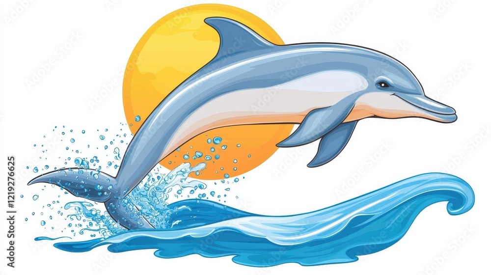 Fototapeta premium A playful dolphin leaping out of the ocean, with the sun setting in the background, on a white isolated background