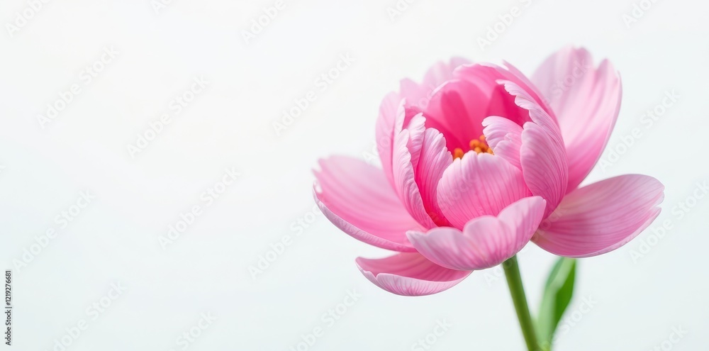 Obraz premium Single fresh pink peony blossom, pure white backdrop, pink, full bloom, botanical