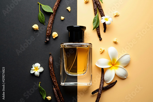 Advertising image of women's perfume adorned with key aromatic notes components like vanilla pods and fresh jasmine flowers, copy space