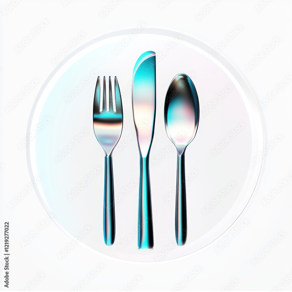 Silver cutlery setting, knife, fork, spoon on a plate for food, in white background Silver cutlery setting, knife, fork, spoon on a plate for food, in white background