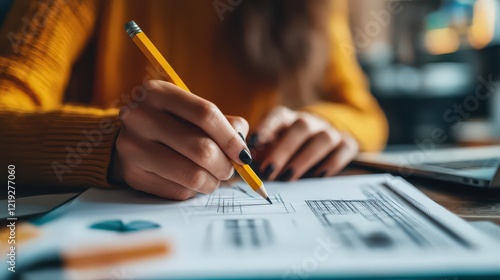 A close-up of hands sketching ideas for a skyscraper with a pencil and ruler, emphasizing creativity and skill. photo