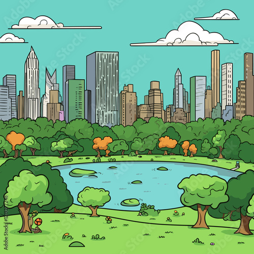 Central Park. Central Park hand-drawn comic illustration. Vector doodle style cartoon illustration