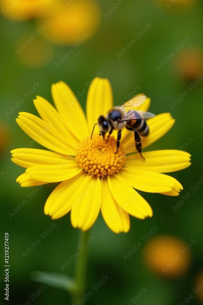 Honey bee resting on the delicate petals of a yellow daisy, petals color, flower Honey bee resting on the delicate petals of a yellow daisy, petals color, flower