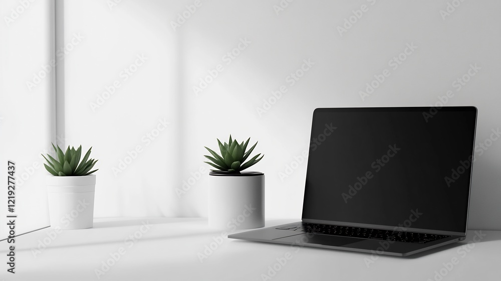 Minimalist Workspace Setup with Laptop and Succulents Minimalist Workspace Setup with Laptop and Succulents