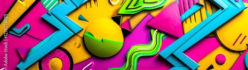 Bold 90s-style abstract design, gradients in pink to purple, lime green zigzag lines, funky oversized letters surrounded by geometric shapes photo