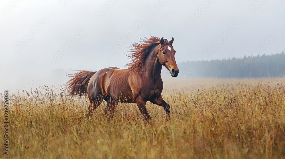Obraz premium A majestic stallion galloping through a field of tall grass, with its mane flowing in the wind