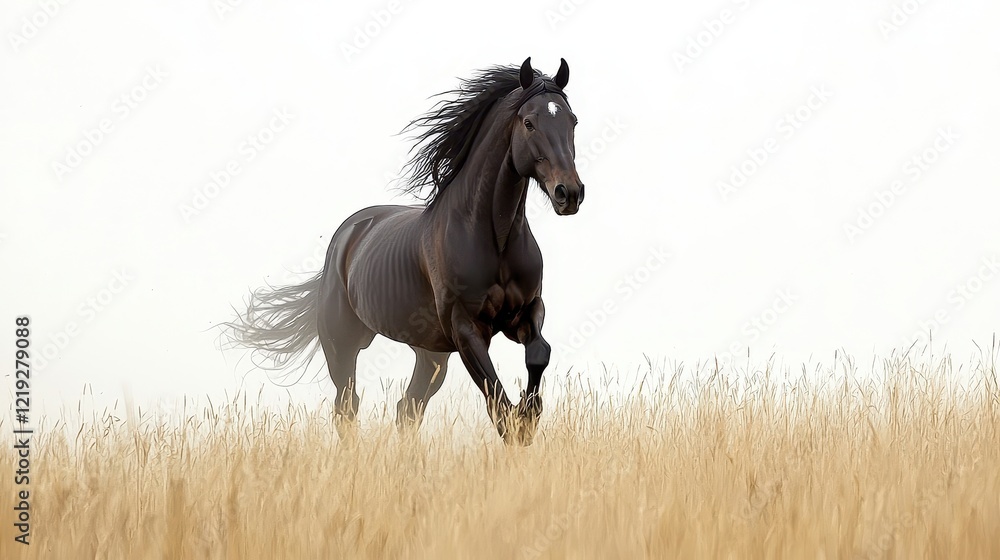 A majestic stallion galloping through a field of tall grass, with its mane flowing in the wind A majestic stallion galloping through a field of tall grass, with its mane flowing in the wind