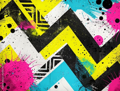 Bold 90s patterns with zigzag lines, neon green and pastel blue overlays, hot pink dots scattered across a lively background