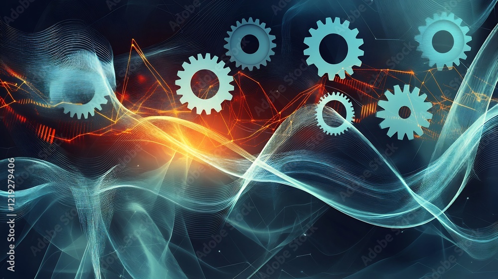 Artistic visualization of production theory symbolic gears and flowing lines representing efficiency output resource allocation and productivity in business Artistic visualization of production theory symbolic gears and flowing lines representing efficiency output resource allocation and productivity in business