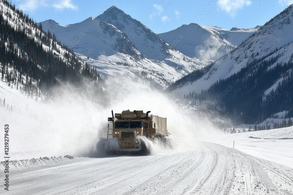 A blizzard covering a mountain pass, with snowdrifts burying the road and limiting visibility. A blizzard covering a mountain pass, with snowdrifts burying the road and limiting visibility.