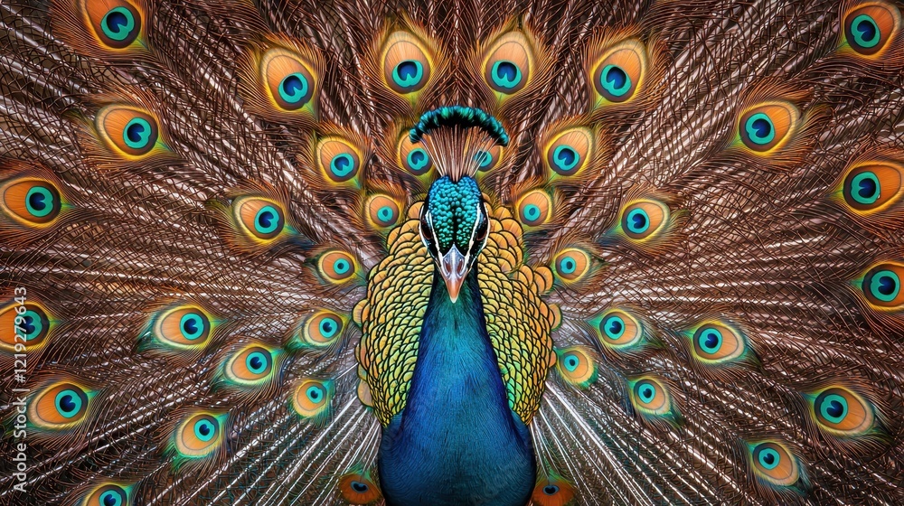 Obraz premium A proud peacock displaying its vibrant feathers, with a striking pattern