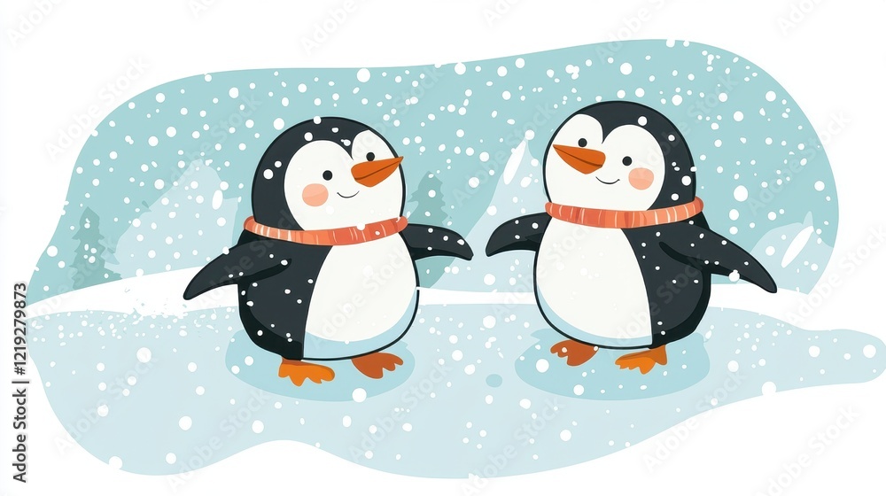 Fototapeta premium A pair of penguins waddling together on an icy landscape, with snow gently falling, on a white isolated background