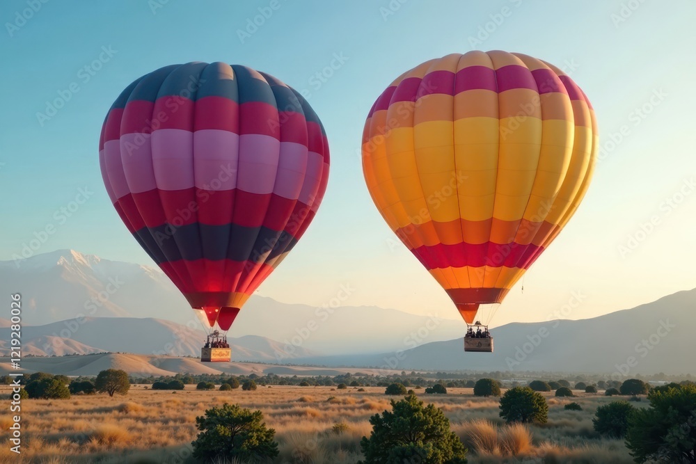 Obraz premium Vibrant hot air balloon floats against clear sky, air, object, majestic