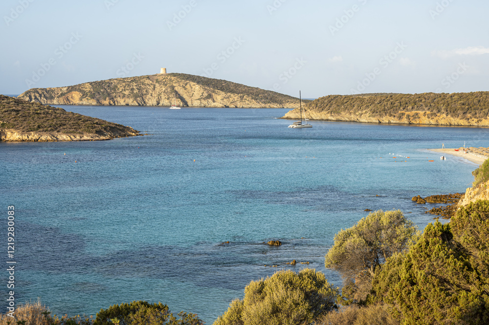 Aerial view of Tuerredda bay with the beach of fine sand and transparent blue and turquoise water