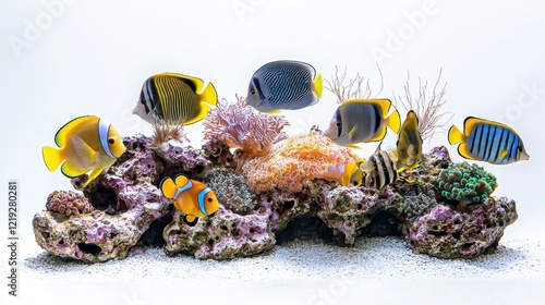 Fototapeta Naklejka Na Ścianę i Meble -  A group of colorful tropical fish swimming in a coral reef, with clear blue water surrounding them, on a white isolated background