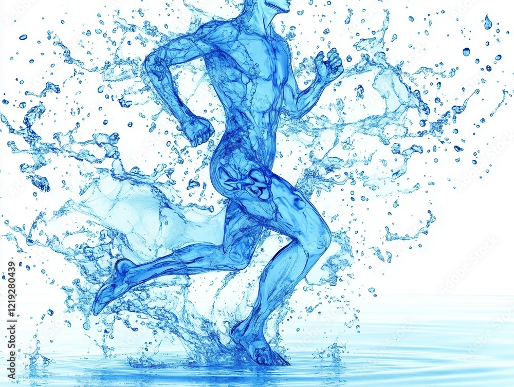 Naklejka premium Silhouette of a running man made of water. The human body and its physical structure is composed of 60% water. Ai generative