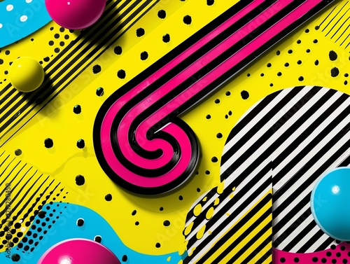 Nostalgic 90s bold design, dynamic zigzags in hot pink, colorful dotted accents, jagged lime and blue shapes, high-energy vibe photo