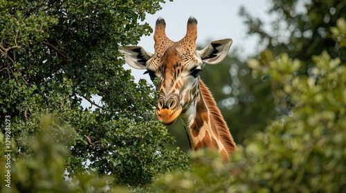 A giraffe looking down from a tall tree, with its long neck reaching for the leaves, on a white isolated background photo