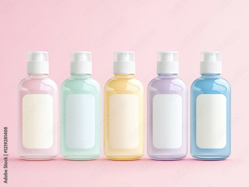Cosmetic spray bottles with blank labels in pastel colors for commercial packaging mockup Cosmetic spray bottles with blank labels in pastel colors for commercial packaging mockup