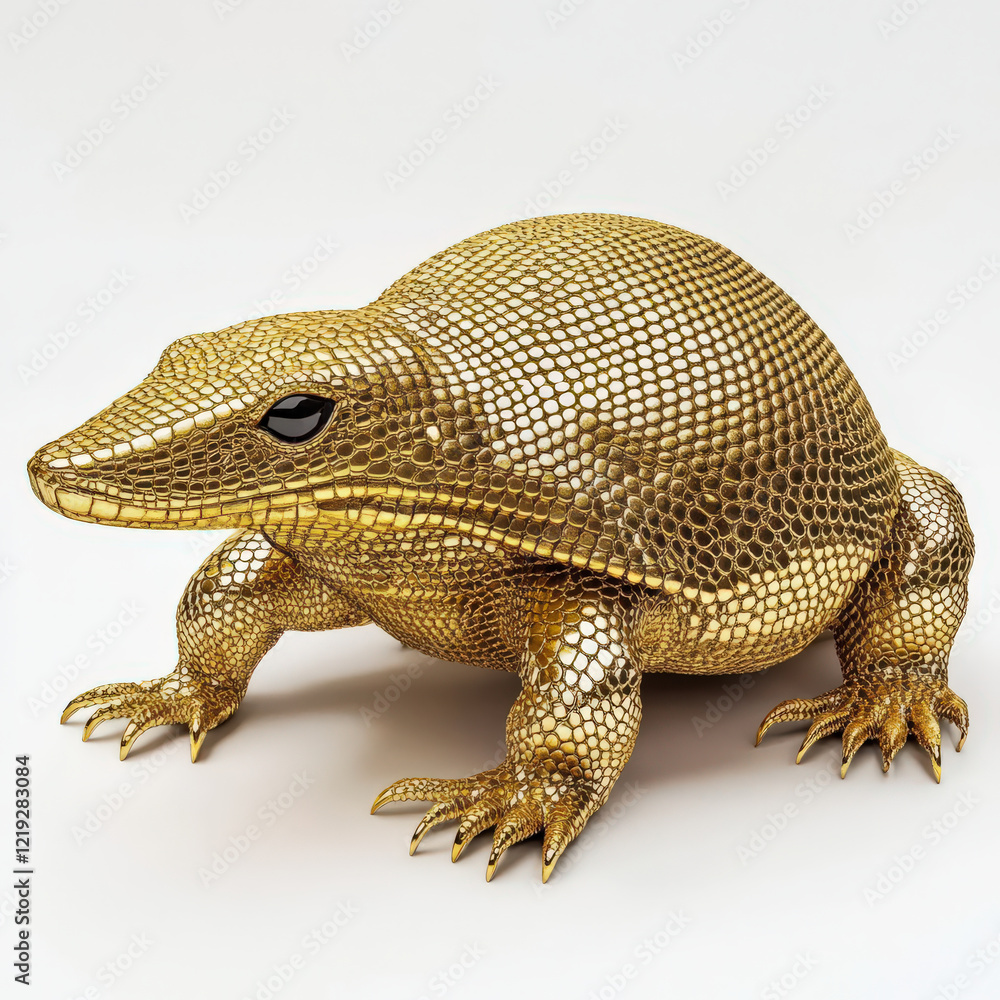 Obraz premium Golden reptile sculpture; scaled, squat body; sharp claws.