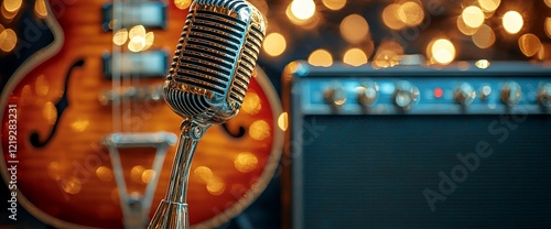 Retro microphone, guitar, and amplifier against a bokeh background.