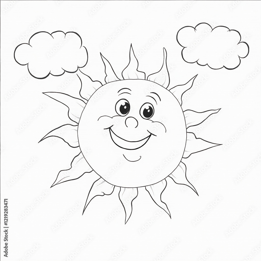 Fototapeta premium Cartoon Sun Character Coloring Page: Smiling Face with Fluffy Clouds and Circular Sun Rays