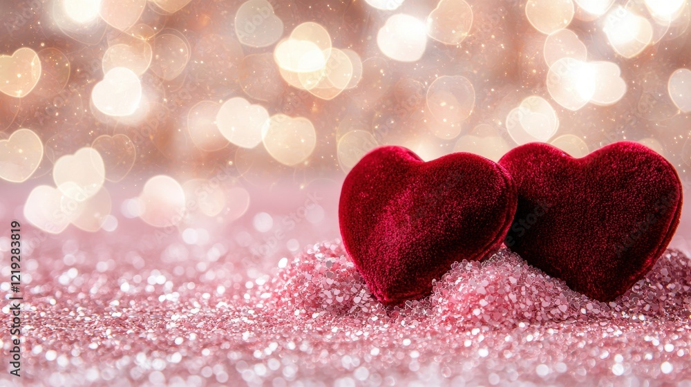 Fototapeta premium Two Red Velvet Hearts Resting Together on a Bed of Pink Glitter with a Beautiful Bokeh Background