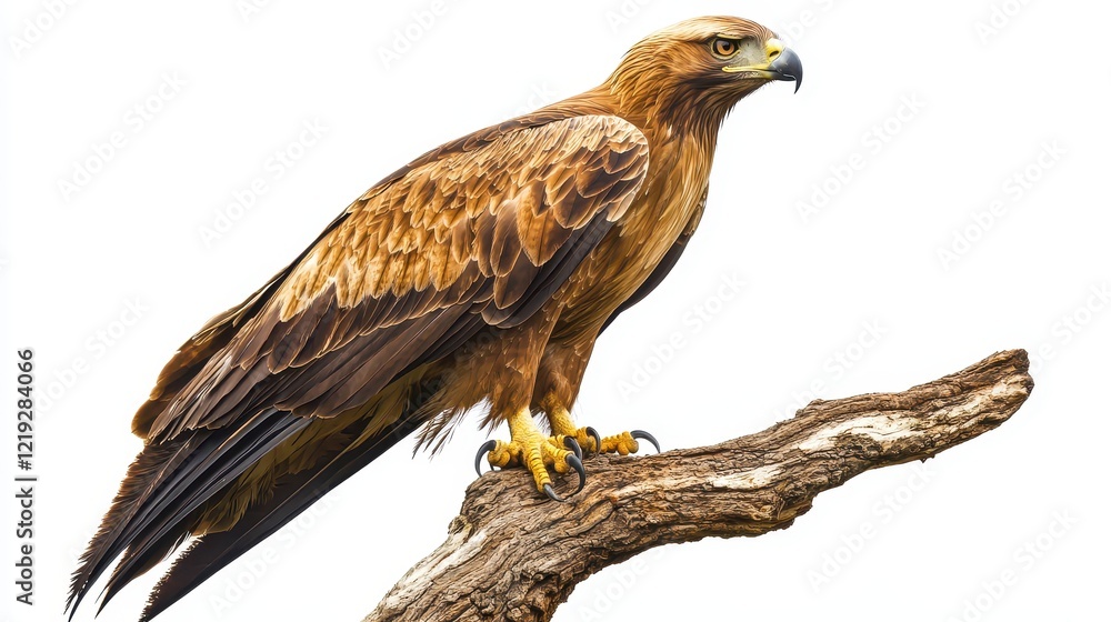 A majestic eagle perched on a tree branch, with its sharp talons visible, on a white isolated background A majestic eagle perched on a tree branch, with its sharp talons visible, on a white isolated background