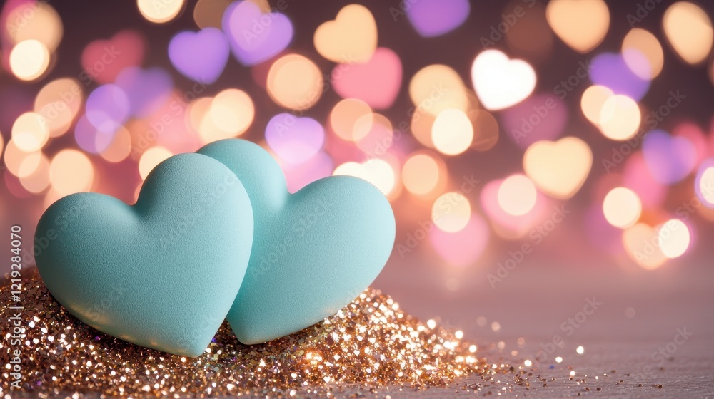 Fototapeta premium Two Soft Turquoise Hearts Resting on Sparkling Background with Bokeh Effect and Glitter for Romantic Themes