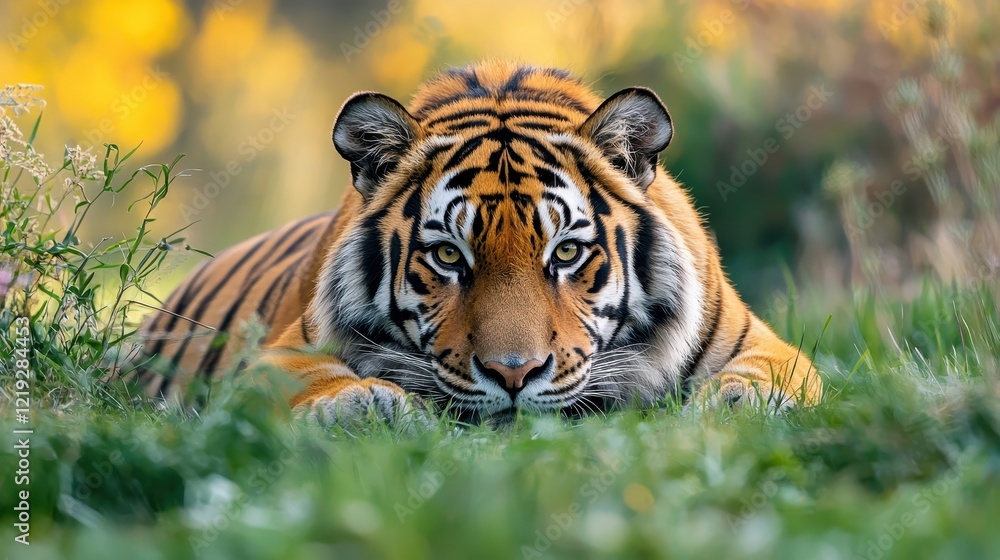 Obraz premium A Siberian tiger resting in the grass, with its orange and black stripes contrasting against the green, on a white background