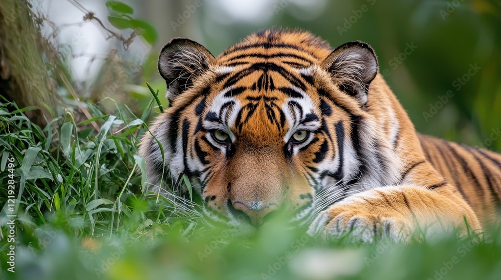 Obraz premium A Siberian tiger resting in the grass, with its orange and black stripes contrasting against the green, on a white background
