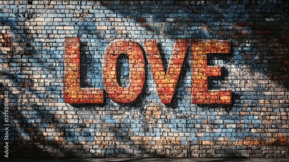 Vibrant love graffiti on a brick wall in an urban setting Vibrant love graffiti on a brick wall in an urban setting