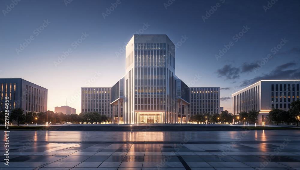 Obraz premium Modern office buildings at dusk with illuminated square