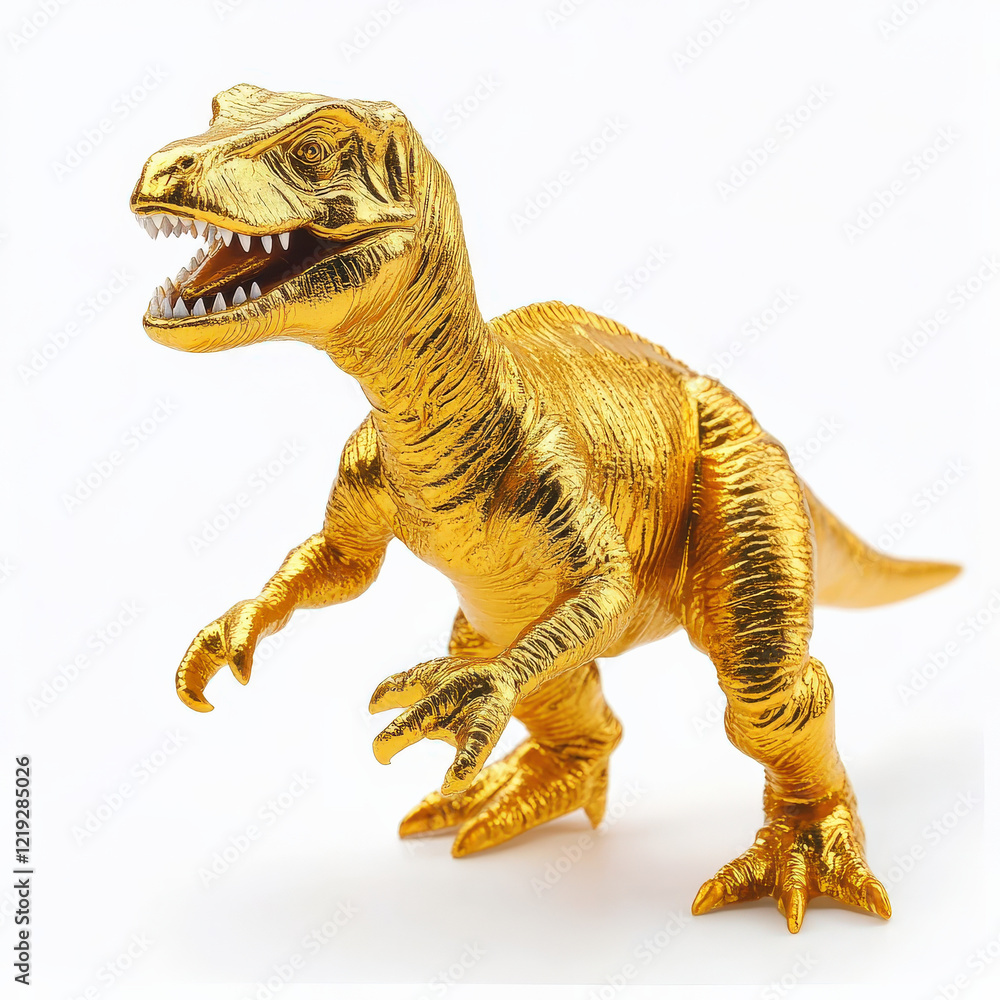 Obraz premium Golden dinosaur model, predatory pose, textured surface.
